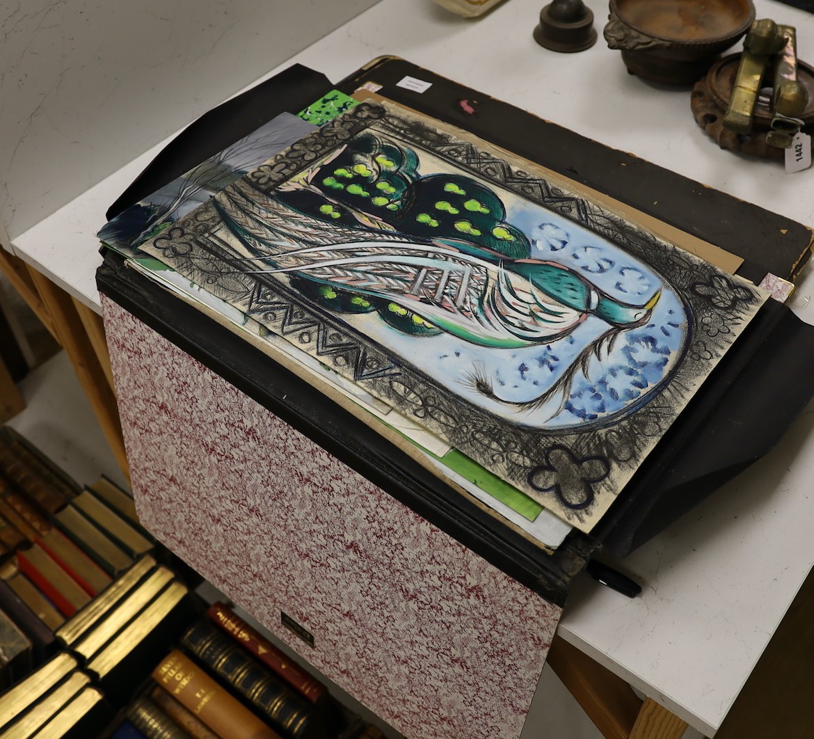 Three folio's of assorted unframed artwork and prints including caricatures and illustrations by Eugene Press